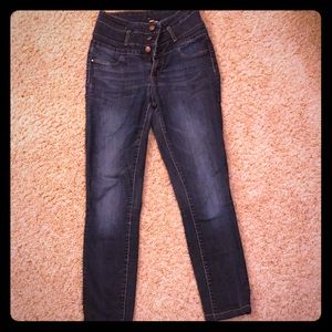 High-waisted dark-wash super skinny jeans